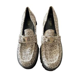 Guess Womens Cream Brown Black Logo Chunky Platform Loafers Shoes Size 9.5